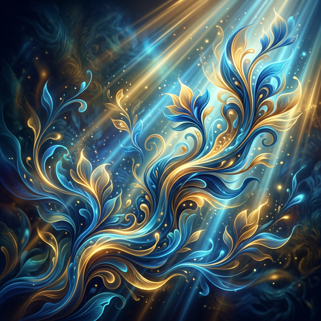 Abstract swirling floral patterns in gold and blue illuminated by glowing light beams